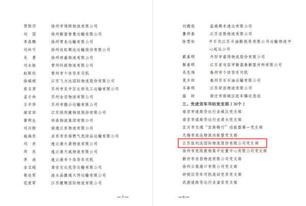 【党支部动态】hy590海洋之神检测中心物流党支部荣获江苏省交通运输行业“先进货车党支部”