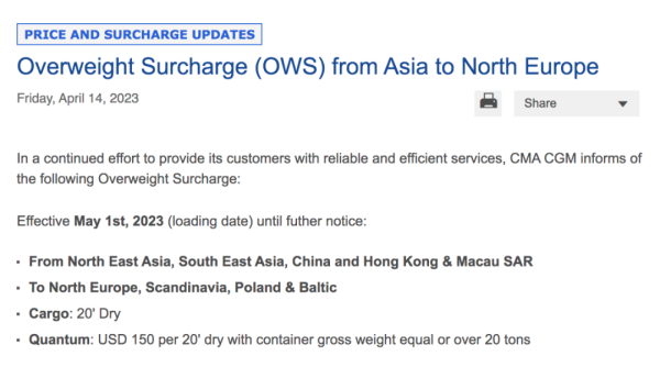 国际海运亚洲—北欧航路海运附加费最新调整！