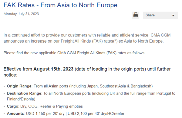 国际海运 | 达飞再次上调亚欧航路运费