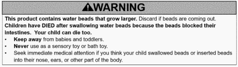 含水珠的玩具及其包装应有以下忠告