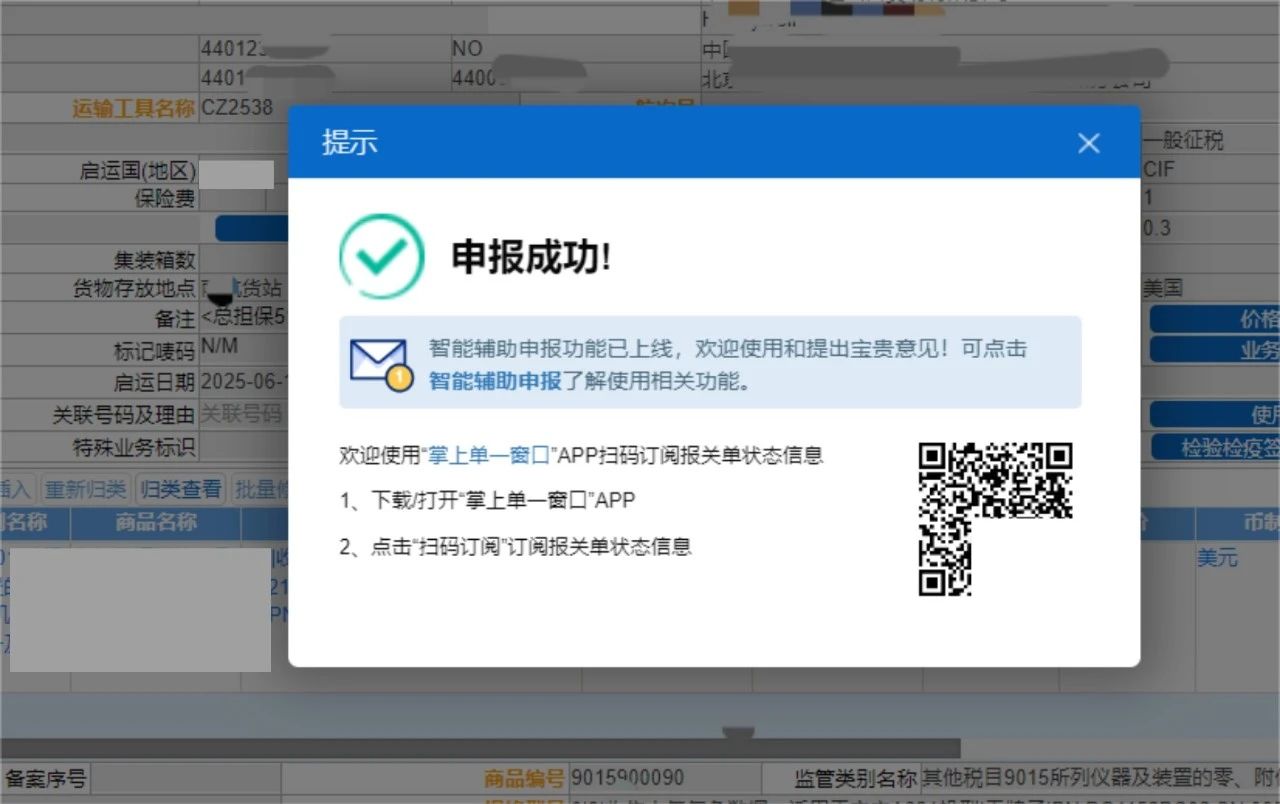进口减免税申报成功页面