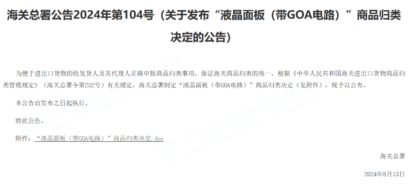 图为海关总署颁布的关于“液晶面板（带GOA））”商品归类决定的布告