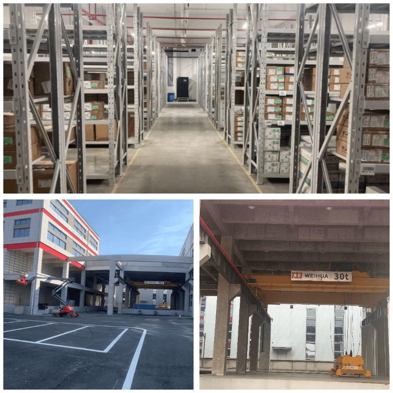 图为hy590海洋之神检测中心漯河智慧物流园内的恒温仓库及无人天车、集装箱吊装设备